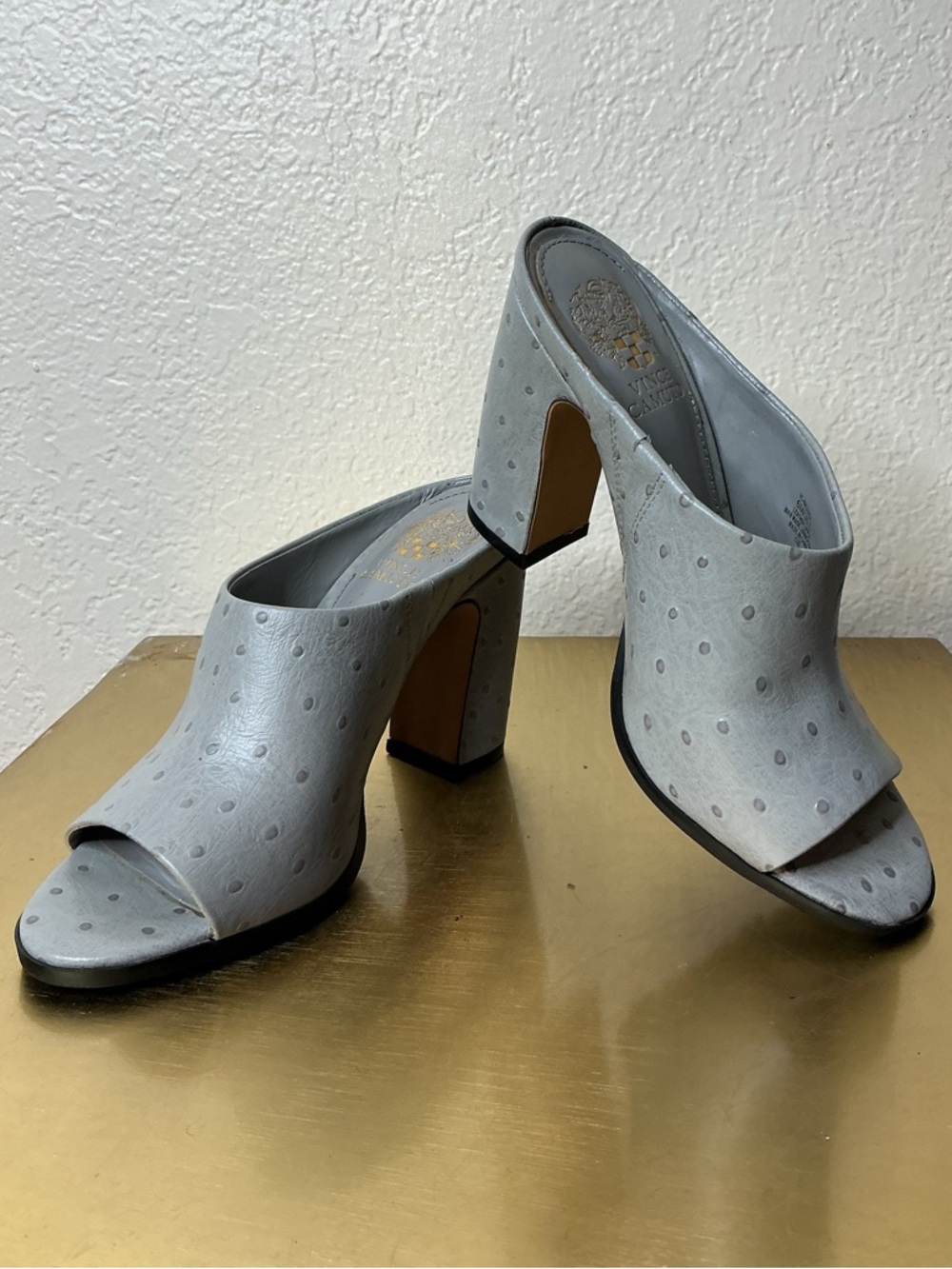 Vince Camuto Light Gray Perforated Peep-Toe Block Heel Mules